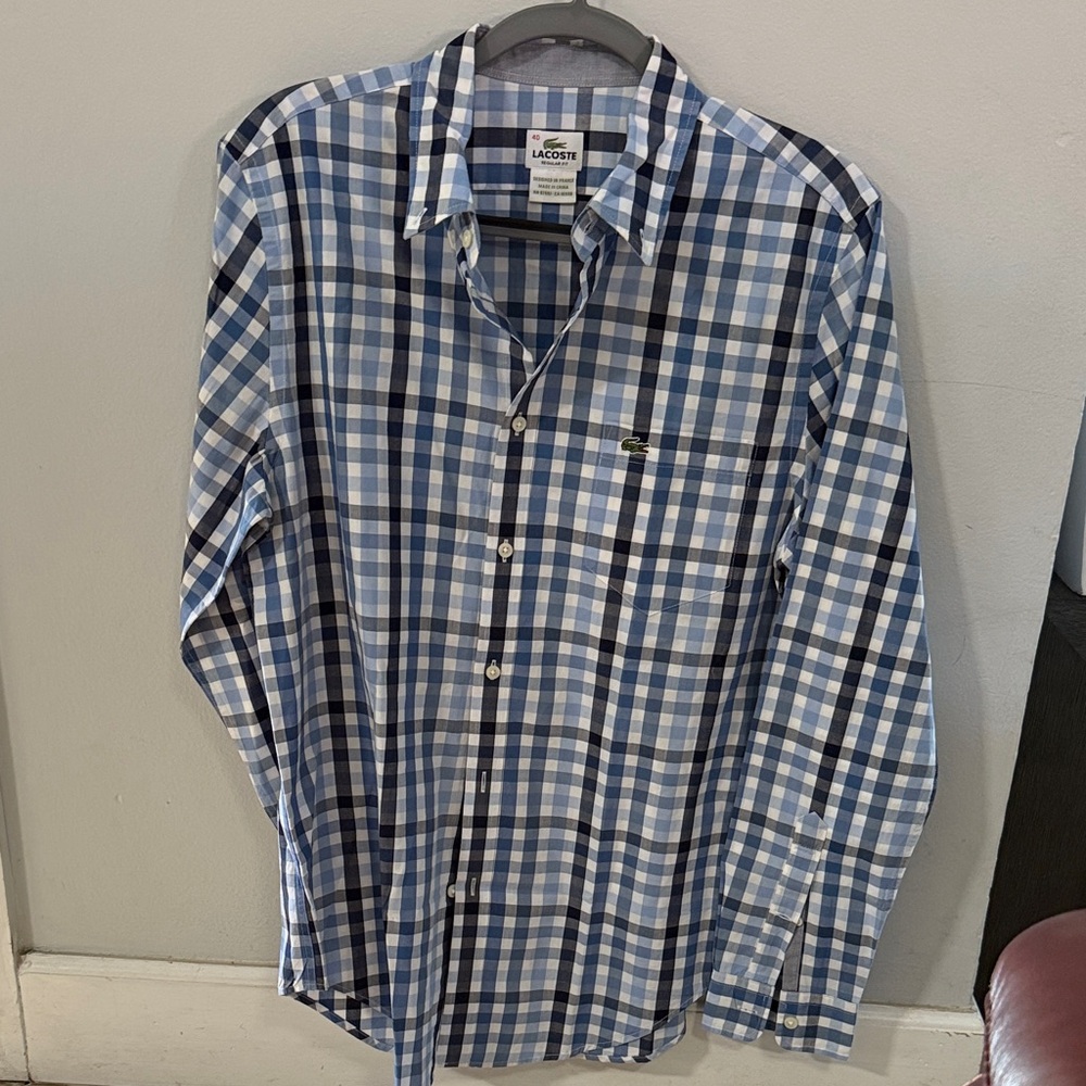 Lacoste Navy and White Plaid Button Down Shirt